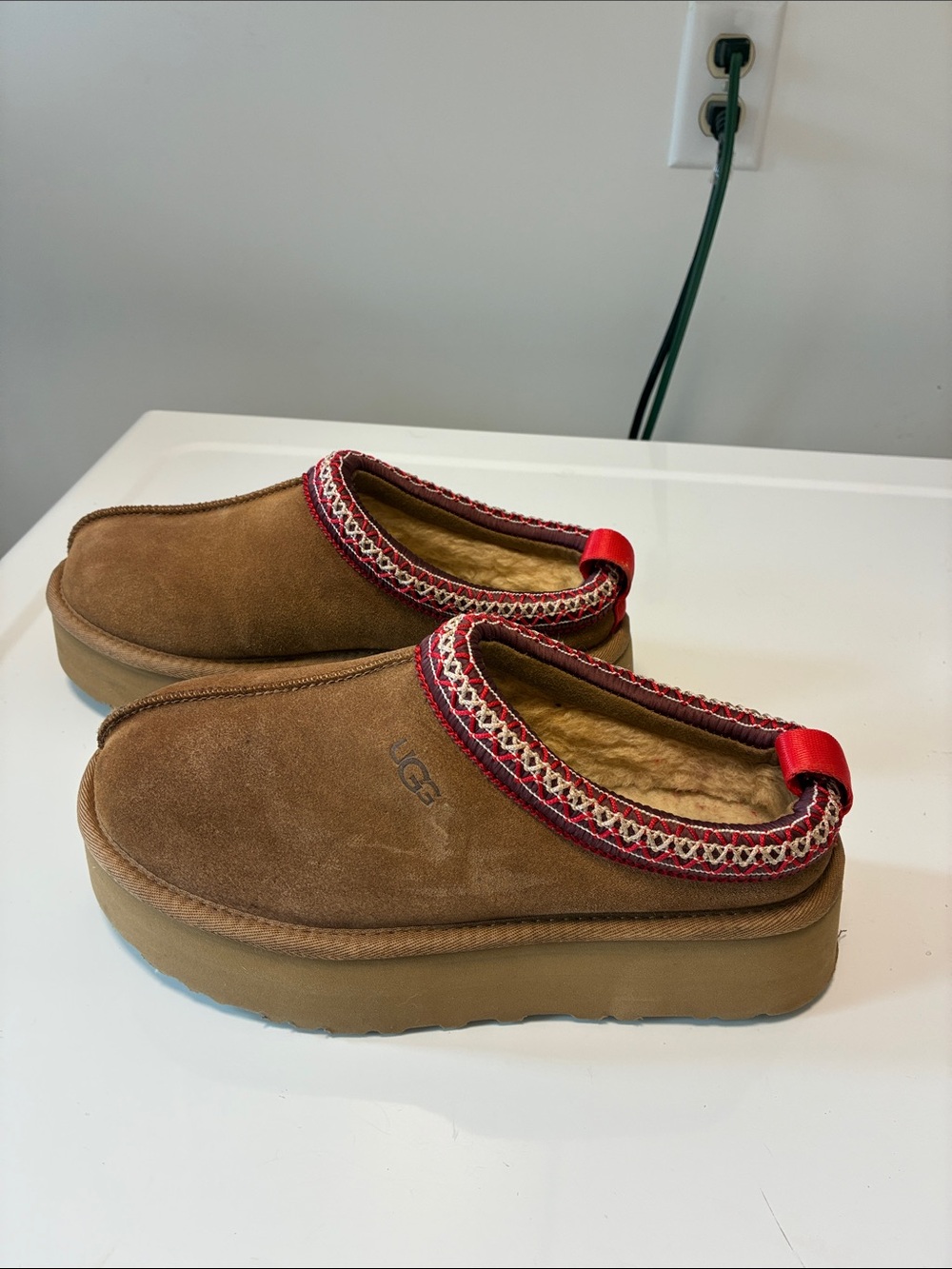 UGG Women's Chestnut Suede Slip-On Clog with Red Trim in size 9